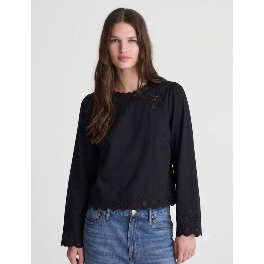 Madewell Top Womens Small Embroidered Puff Sleeve Top Poplin Black NY327NEW